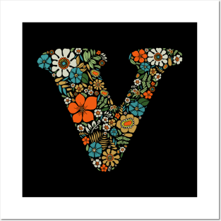 Hippie Floral Letter V Posters and Art